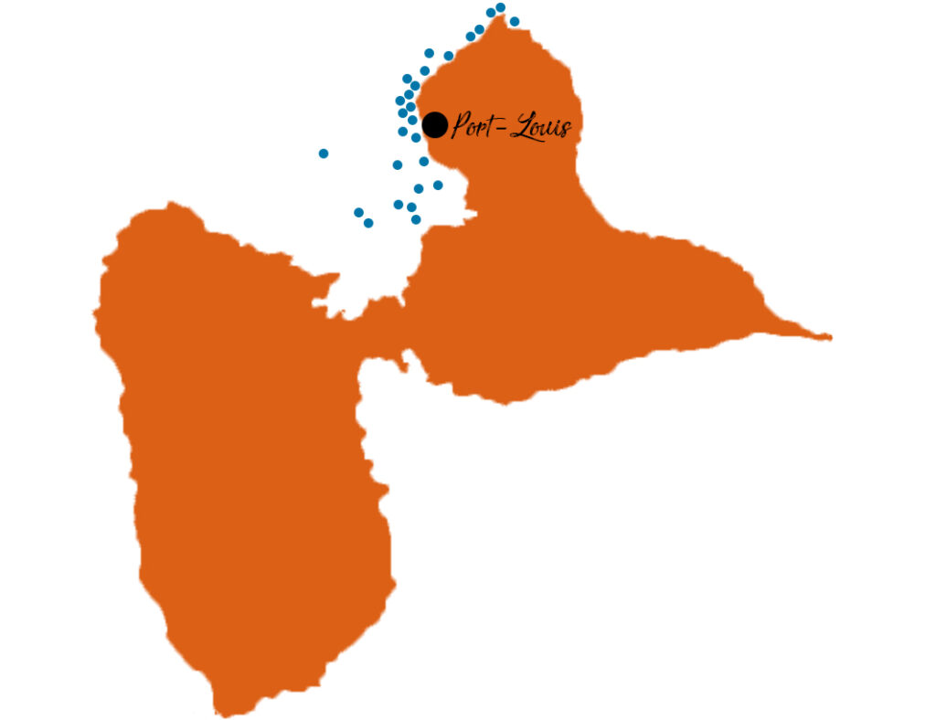 Carte des sites de plongée dans le Grand Cul-de-Sac Marin, plongée dans le Parc national de Guadeloupe